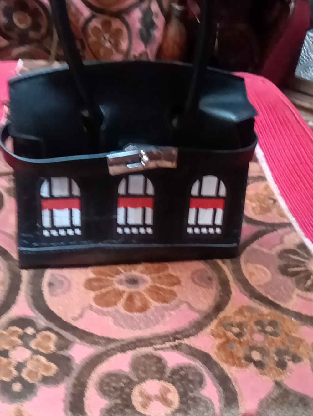 Mini Black Foaux Leather Handbag with Window Pane Design and Red Accents